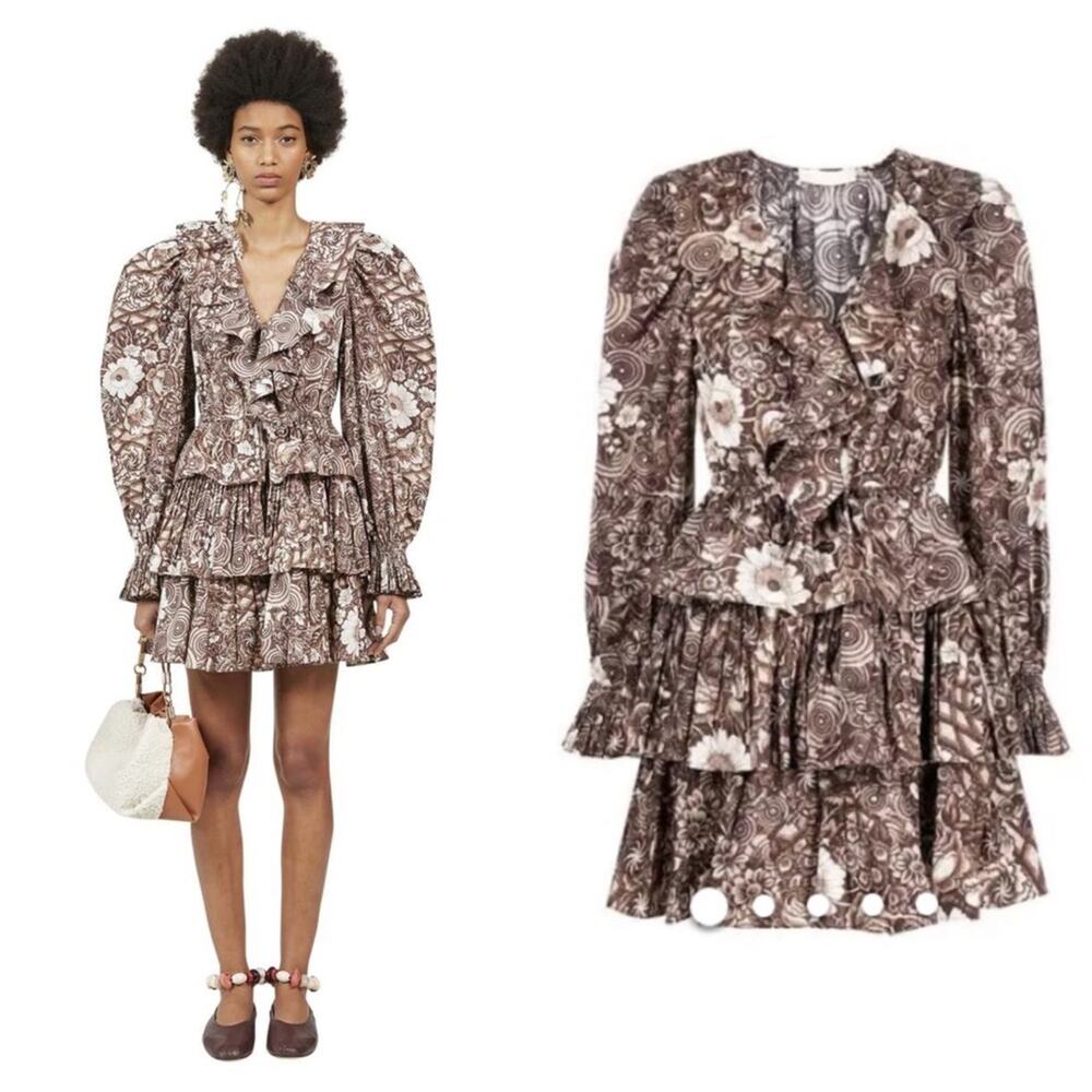 Ulla Johnson Lola Floral Long Sleeve Mini Dress Teak Size 2 / Small